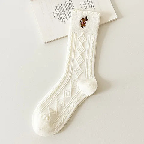 Lbsfy Women Socks Cartoon Bear Love Embroidery Female Lovely Cute Kawaii Lolita Cotton Socks Girls Gift Ladies White Long Stockings