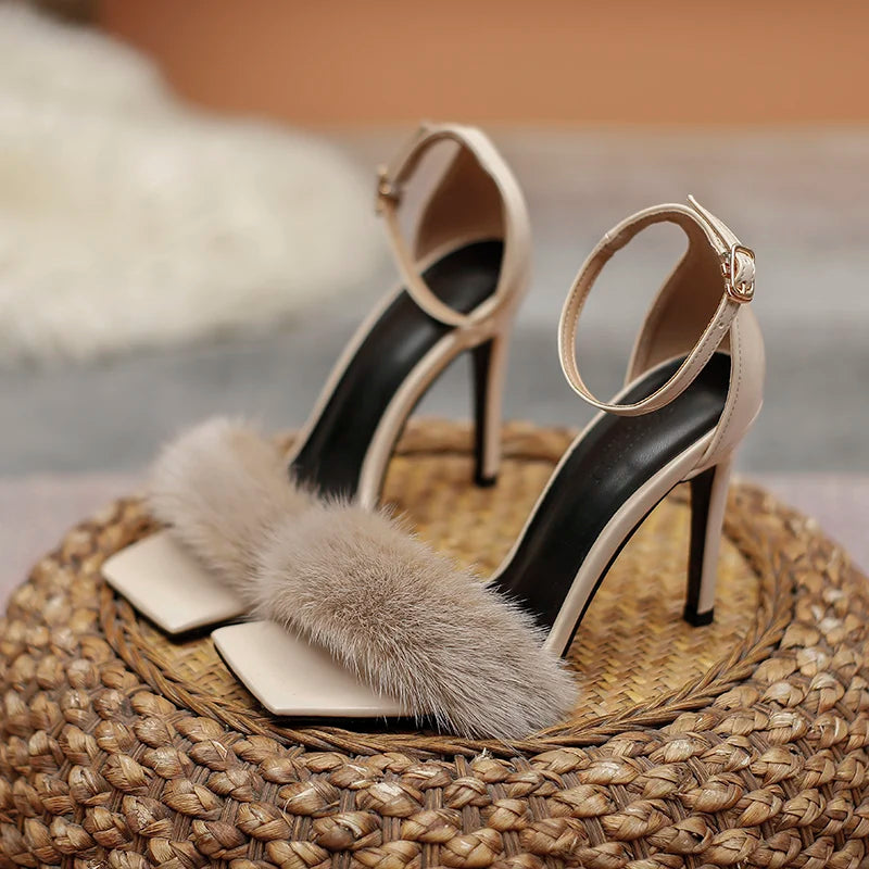 LBSFY  -  2024 Spring New One line with Hollow Open Toe Sexy Mink Hair Fairy Style High Heel Sandals for Women