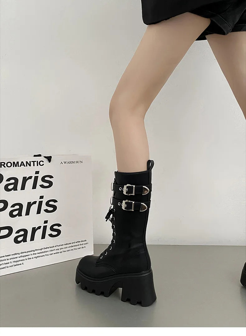 LBSFY -Women's Punk Gothic Boots 2025 Fashion Buckle Chain High Heels Mid Calf Boots Women Black Pu Leather Plus Size 42 Autumn Botas