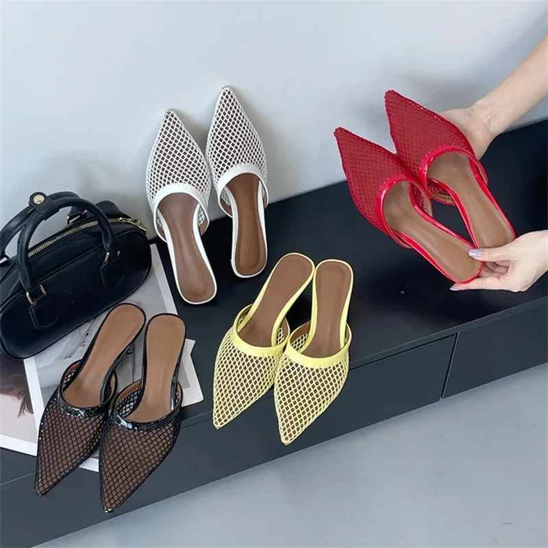 LBSFY -Summer Fashion Hollow Out Mesh Women Slippers Sandals Pointed Toe Thin Low Heels Slingback Mules Shoes Zapatos De Mujer