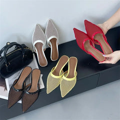 LBSFY -Summer Fashion Hollow Out Mesh Women Slippers Sandals Pointed Toe Thin Low Heels Slingback Mules Shoes Zapatos De Mujer