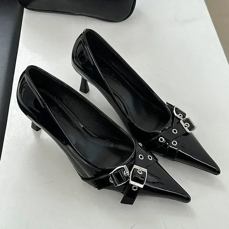Lbsfy Elegant Patent Leather Metal Belt Buckle Designer Women Pumps Sexy Pointed Toe Thin High Heels High Quality Mary Jane Mules Shoe