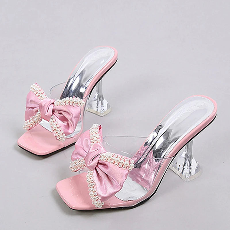 LBSFY  -New Style Pink Women Slippers Sandals Fashion Pearl Bowknot High Heels PVC Transparent Shoes Summer Mule Slides Pumps