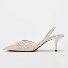 LBSFY  -  Sexy Mesh Embroidered Flowers Designer Heeled Sandals Women 2025 Summer Elegant Slingback Pointed Toe Thin High Heels Dress Shoe