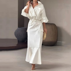 LBSFY  -  Two Pice Set Office Elegant Women Solid Lapel Lace Up Long Lantern Sleeve Cardigan Top A Line With Pockets Long Skirt Set