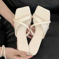 LBSFY -Summer Fashion Narrow Band Square Toe Slippers Women Low Heels Beach Sandals Slide Party Shoes Zapatos De Mujer