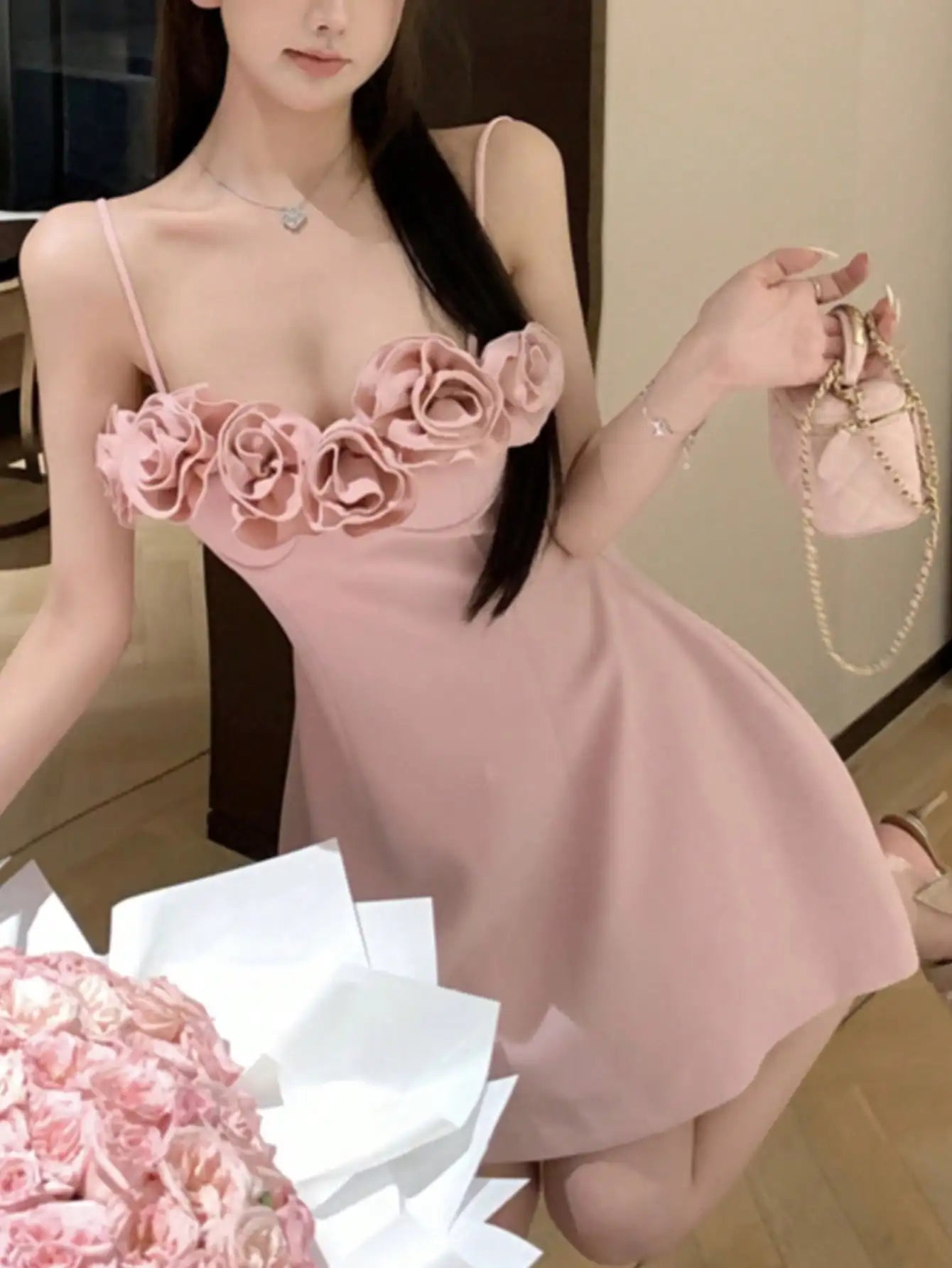 LBSFY -Summer Pink Princess French Elegant 3D Flower Mini Dress Women Spaghetti Straps Festival Ball Gown Evening Dresses Abend Kleider