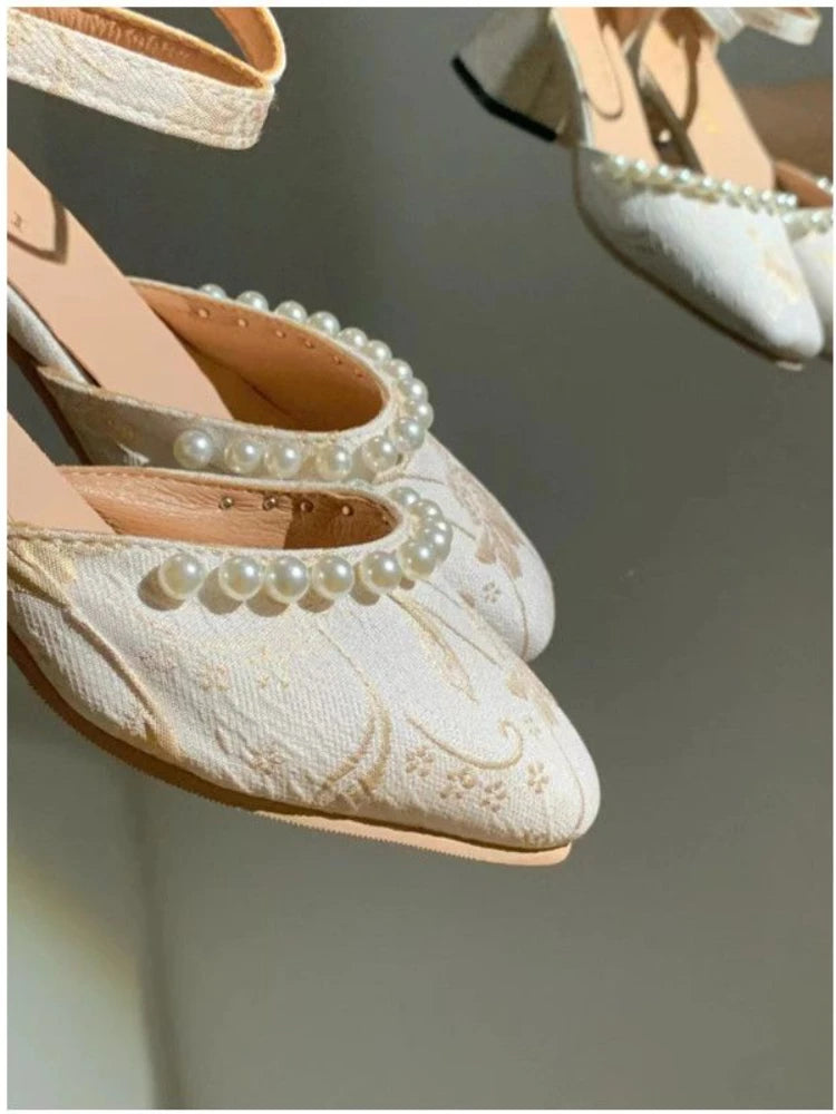 LBSFY  -  White Elegant Mary Janes Shoes Women Pearl String Vintage Sweet Pumps Shoes Female Floral Print France Fairy Shoes 2024Summer