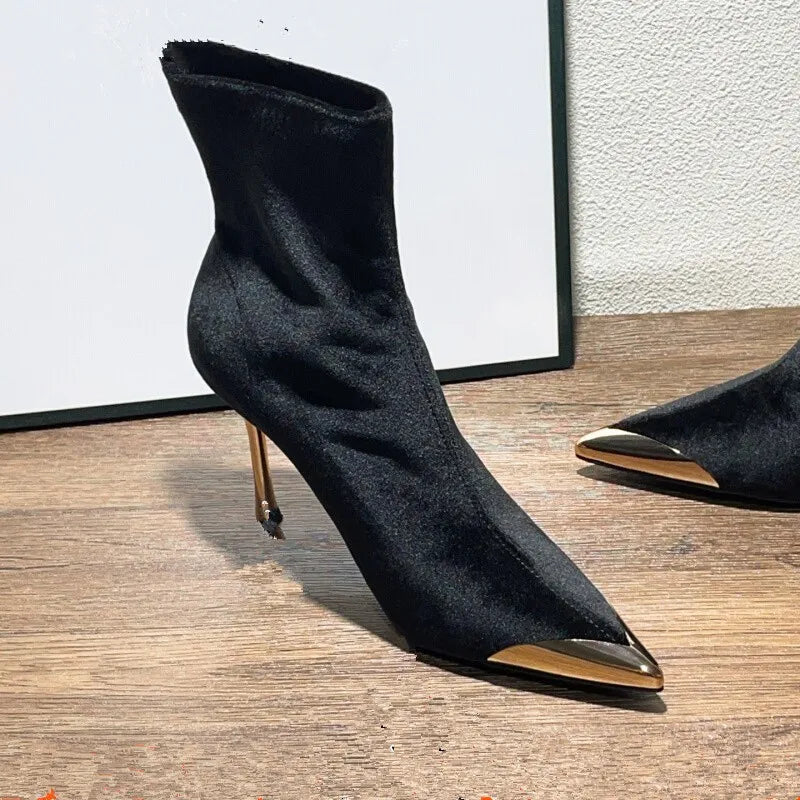 LBSFY -New Style Women's Concise Black Women Ankle Boots Pointed Toe Design Metal Decoration High Stiletto Heels Shoes Zapatos Mujer