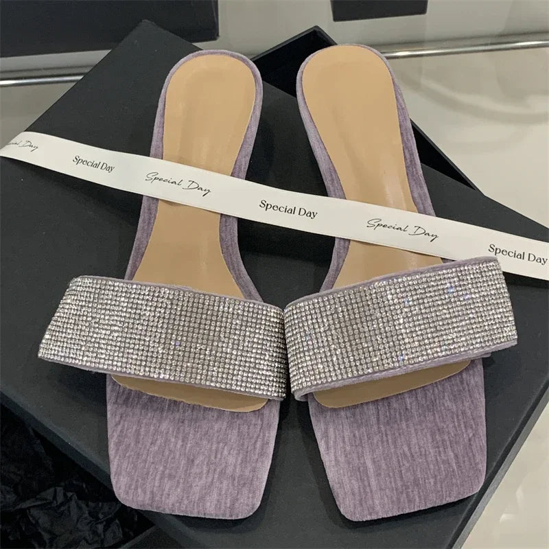 LBSFY -Summer Fashion Bling CRYSTAL Diamonds Square Toe Women Slippers Low Heels Party Dress Mules Slide Shoes