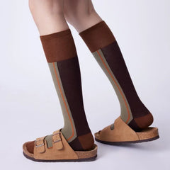 Lbsfy Spring Autumn Ins Fashion Woman Maillard Color Striped Retro Calf Socks Cotton High Tube Soft Sport Eutopean Women's Casual Sox