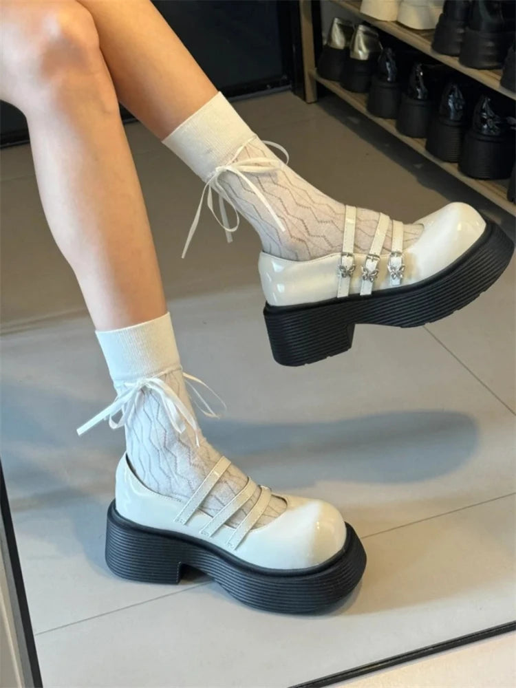 LBSFY  -  Round Toe Thick Bottom Mary Jane Student Pu Leather Shoes Women's New Summer Fall Mid Heel Platform Wedge Lolita Shoes