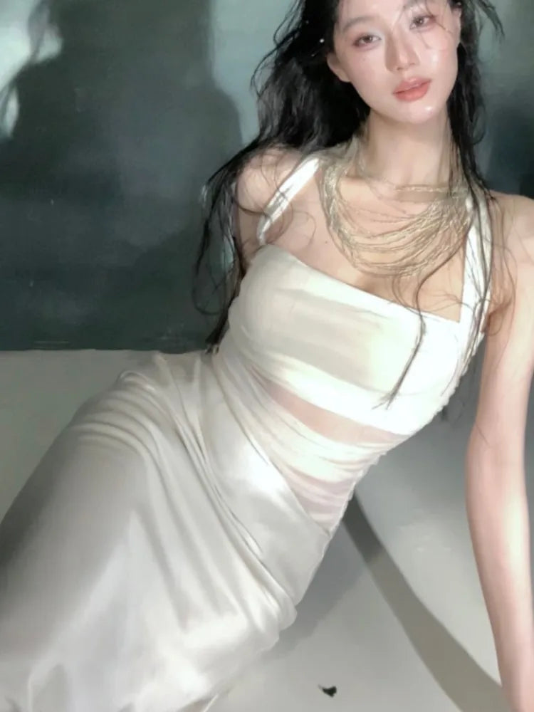 LBSFY -Elegant French Mesh Satin Patchwork Women's Dresses Halter Bodycon Slim-Fit Sexy Backless Sleeveless Robe Party Evening Vestidos