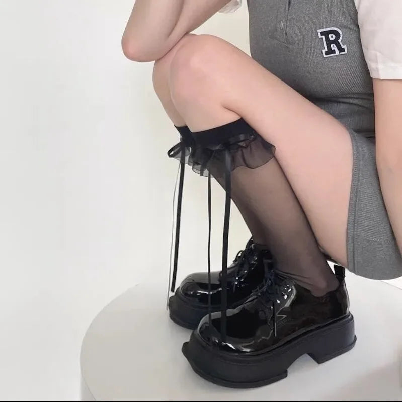 Lbsfy Sweet Bowknot Lace Stockings Women Thigh Knee Socks Black Thin Legging Lolita Thigh High Fishnet Stocking Gothic Punk Long Socks