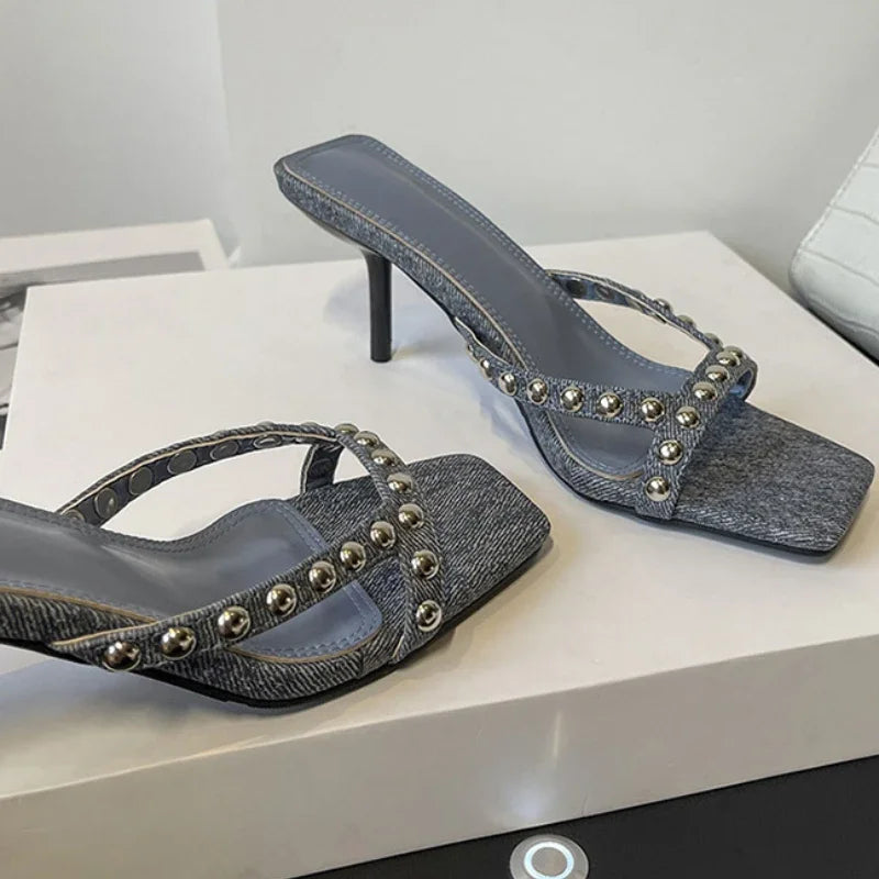 Lbsfy Summer Rivet High Heeled Slippers Women Open Toe Concise Slides Girl Elegant Dress Shoes Leisure Beach Sandals Women Shoes