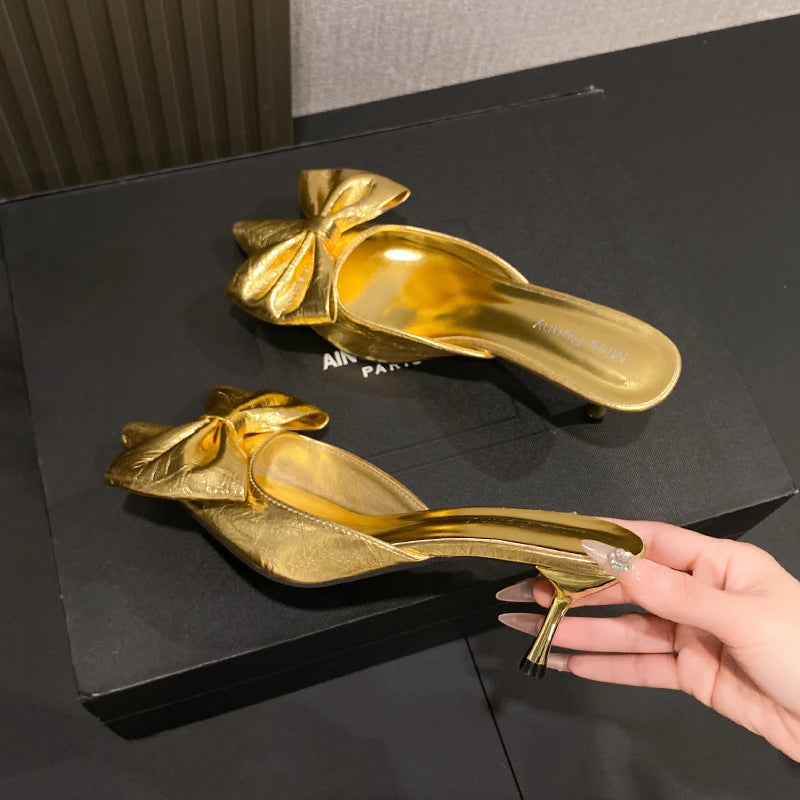 LBSFY -New Bow Women Mules Shoes Pointed Toe High Heels Slippers New Party Sandals Luxury Sexy Woman Brand Party Pumps Zapatos