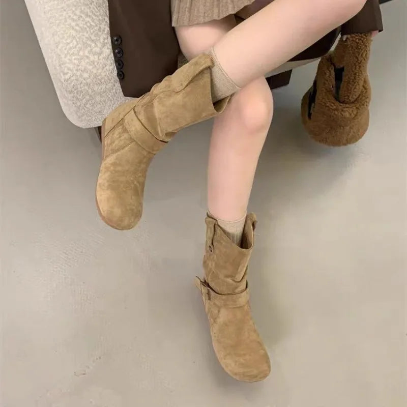 LBSFY -New Style Women's Solid Round Head Chunky Heel Sleeve Western Retro Mid Calf Leather Boots Ladies Retro Platform Cowboy Boots