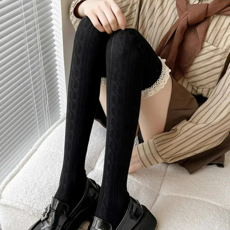 Lbsfy Lolita Lace Up Long Knee Socks for Women Over Knee Thigh High Stockings Spring Autumn Fashion Girls Warm Sexy Cotton JK Tights