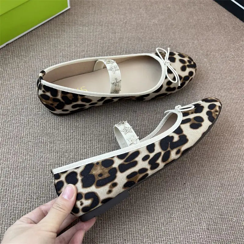 LBSFY  -  Velvet Ballet Flats Shoes for Women Star Decor Elegant Bow Mary Janes Shoes Soft Leopard Print Loafers Ladies Shoes on Offer