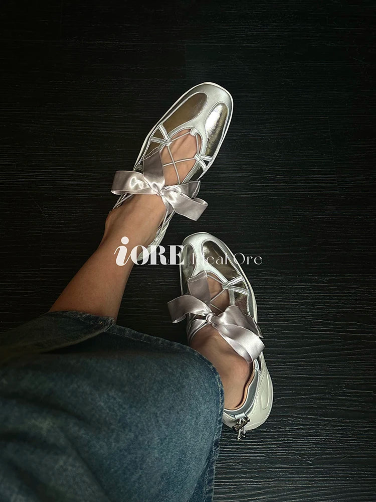 LBSFY -Ballet Flat Sneakers Women's Thick Bottom Bowknot Hollow Out Shoes Fashion Designer Mary Jane Ballet Comfort Shoes Female