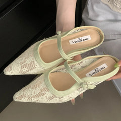 LBSFY -Fashion Hollow Out Lace Mesh Buckle Women Slippers Sandals Pointed Toe Thin Low Heels Slingback Mules Shoes Zapatos De Mujer
