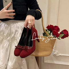 LBSFY  -  Fashion Pumps New High Quality Suede Round Head Bow Retro High Heels Banquet Dress Daily Commuter Women's Shoes