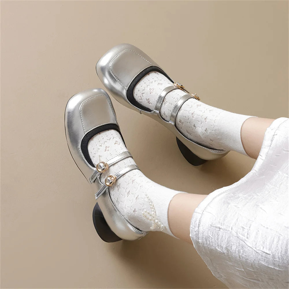 LBSFY  -  New Women's Mary Janes Shoes High Quality Genuine Leather High Heels Dress Shoes Buckle Strap Women's Party Shoes