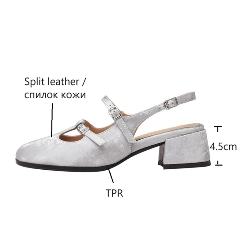 LBSFY  -  NEW Summer Women Sandals Silk Split Leather Shoes for Women Round Toe Chunky Heel Shoes Cover Toe Slingback Mary Jane Sandals