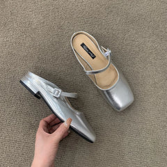 LBSFY -Women Fashing Silver Slippers Ballet Flats Shoes Square Toe Shallow Slip On Ladies Sandals Soft Slides Zapatos Mujer 40