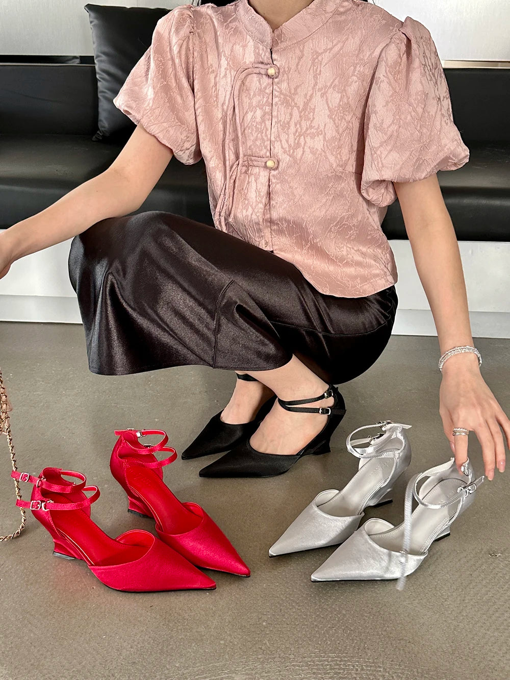 LBSFY  - Fashion Women Sandals Silk Summer Dress Shoes Pointed Toe Gladiator Party Pumps Wedge High Heels Black Silver Red Ankle Strap