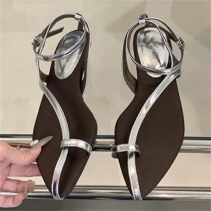 LBSFY -Summer Pointed Clip Toe Flat Heels Women Sandals Fashion Buckle Strap Casual Beach Party Flip Flops Shoes