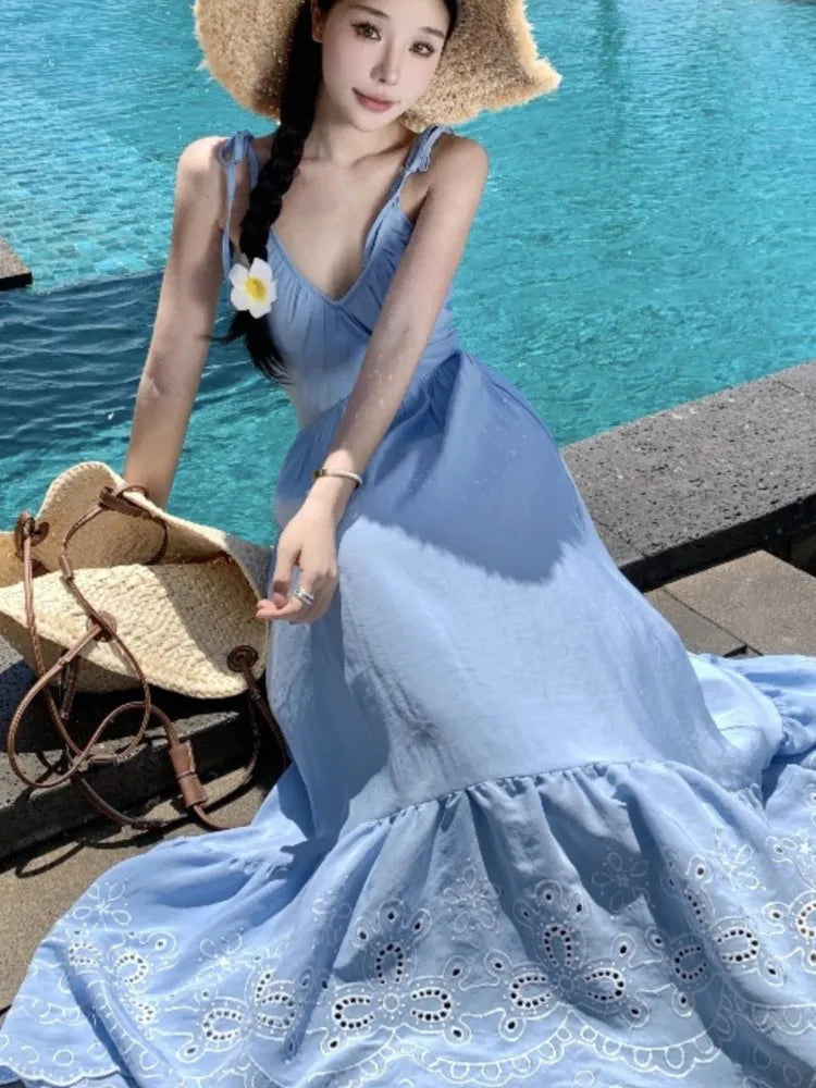 LBSFY -Sky Blue Summer Elegant Fashion Bohemain Style Dresses For Woman V-Neck Lace-Up Backless Sleeveless Sling Dress Beach Vacation