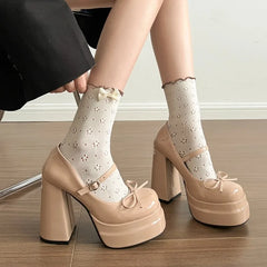 LBSFY -Super High Heel Mary Jane Shoes Women's Retro Round Toe Shallow Mouth Bow Platform One Strap Block Heel Single Shoes