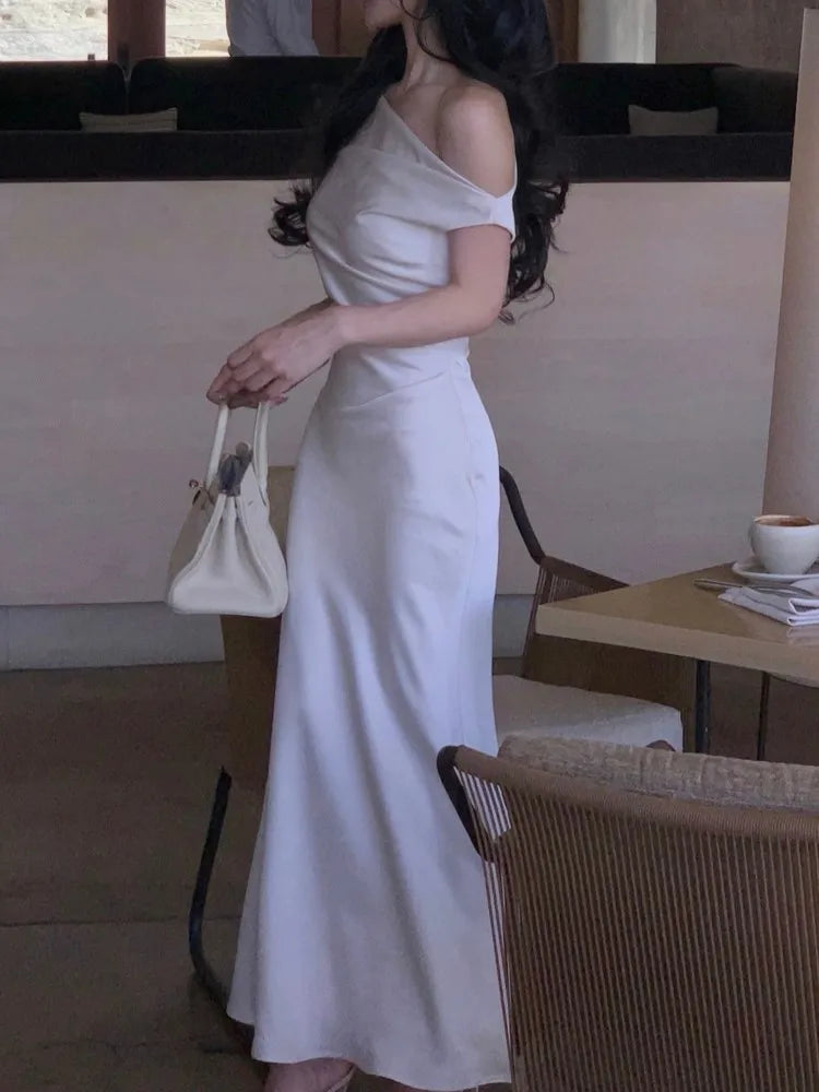 LBSFY -Elegant French Chic Satin Women's Dresses Solid Pleated Slim Waist Inclined Shoulder Mermaid Dress 2025 New Summer Evening Party