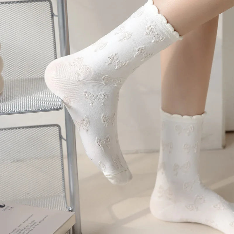 Lbsfy Socks Spring Summer Solid Color Casual Bow Lace Sweet Style Girl Cotton Middle Tube Woman Girls Gift Lolita Harajuku Socks
