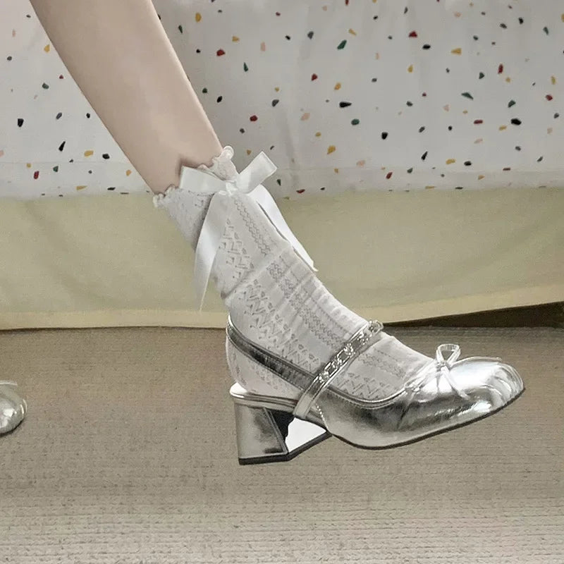 LBSFY -Silver Tweed Style Women's Pumps With Platform And Strapless Design Summer New Arrival French Mary Jane Shoes