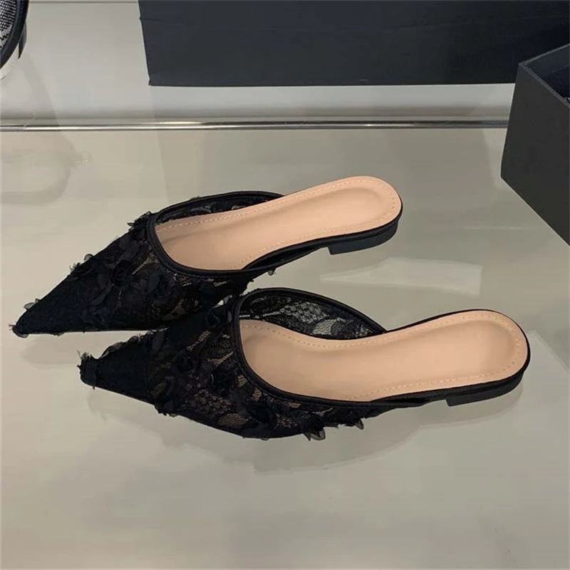 LBSFY -Summer Fashion Elegant Square Low Heels Women Slippers Cosy Mesh Pointed Toe Female Mule Shoes Zapatos De Mujer