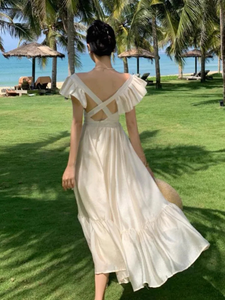 LBSFY -Women V Neck Backless Evening Party Dress Summer Beige Sweet Temper French Fairy Sundresss Fashion Clothing Vestido