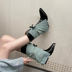 LBSFY  -  Fall Women Light Blue Denim Jeans Black Leather Patchwork Bow Tie Pointed Toe 6 CM Heels Slip On Mid-calf Pants Boots Shoes