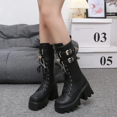 LBSFY -Women's Punk Gothic Boots 2025 Fashion Buckle Chain High Heels Mid Calf Boots Women Black Pu Leather Plus Size 42 Autumn Botas