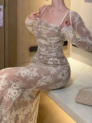 LBSFY -Elegant Bodycon Slim Lace Dress Women Sexy Vintage Casual Backless Bandage Party Dresses Female Fashion Long Robe Clothes Autumn