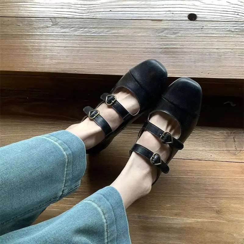 LBSFY  -   Ballerinas Zapatos Mujer Round Toe PU Leather Buckle Mary Janes Shoes Brown Ballet Flats