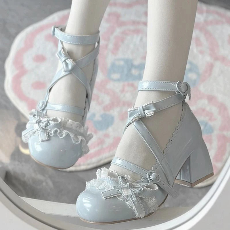 LBSFY -Lolita Red High Heels Cute pumps Shoes spring Autumn Lace Thick high heels Single Shoes Patent Leather Mary Jane Women's Shoes