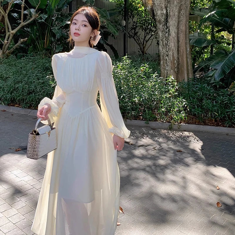 LBSFY -Elegant Long Sleeve Evening Dresses for Women Spring Slim Lace Up A-Line Party Prom Casual Dress Fashion French Female Clothing