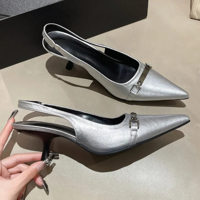 Lbsfy Mules Sandals Women Metal Decoration Pointed Low Heel Slingback Shoes Fashion Office High Heels Female Zapatos De Mujer