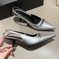 Lbsfy Mules Sandals Women Metal Decoration Pointed Low Heel Slingback Shoes Fashion Office High Heels Female Zapatos De Mujer