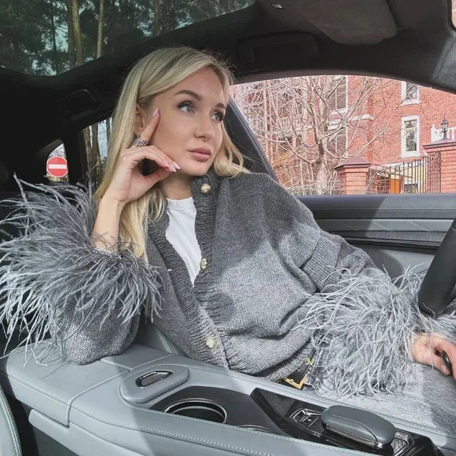 LBSFY  -  2025 Feather Patchwork Knitted Cardigan Women Fashion Long Sleeve Single Breasted Short Loose Sweater Coats Elegant Street Tops