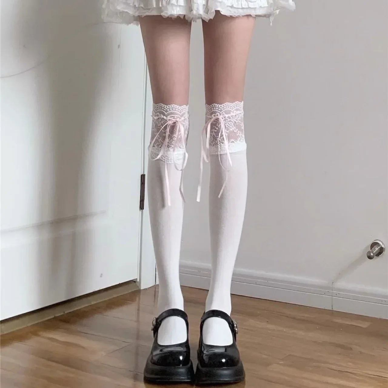 Lbsfy Thigh High Socks Knit Lace Bowknot Autumn and Winter Thick Leg Warmers Stockings White Black Lolita Cute Over the Knee Socks