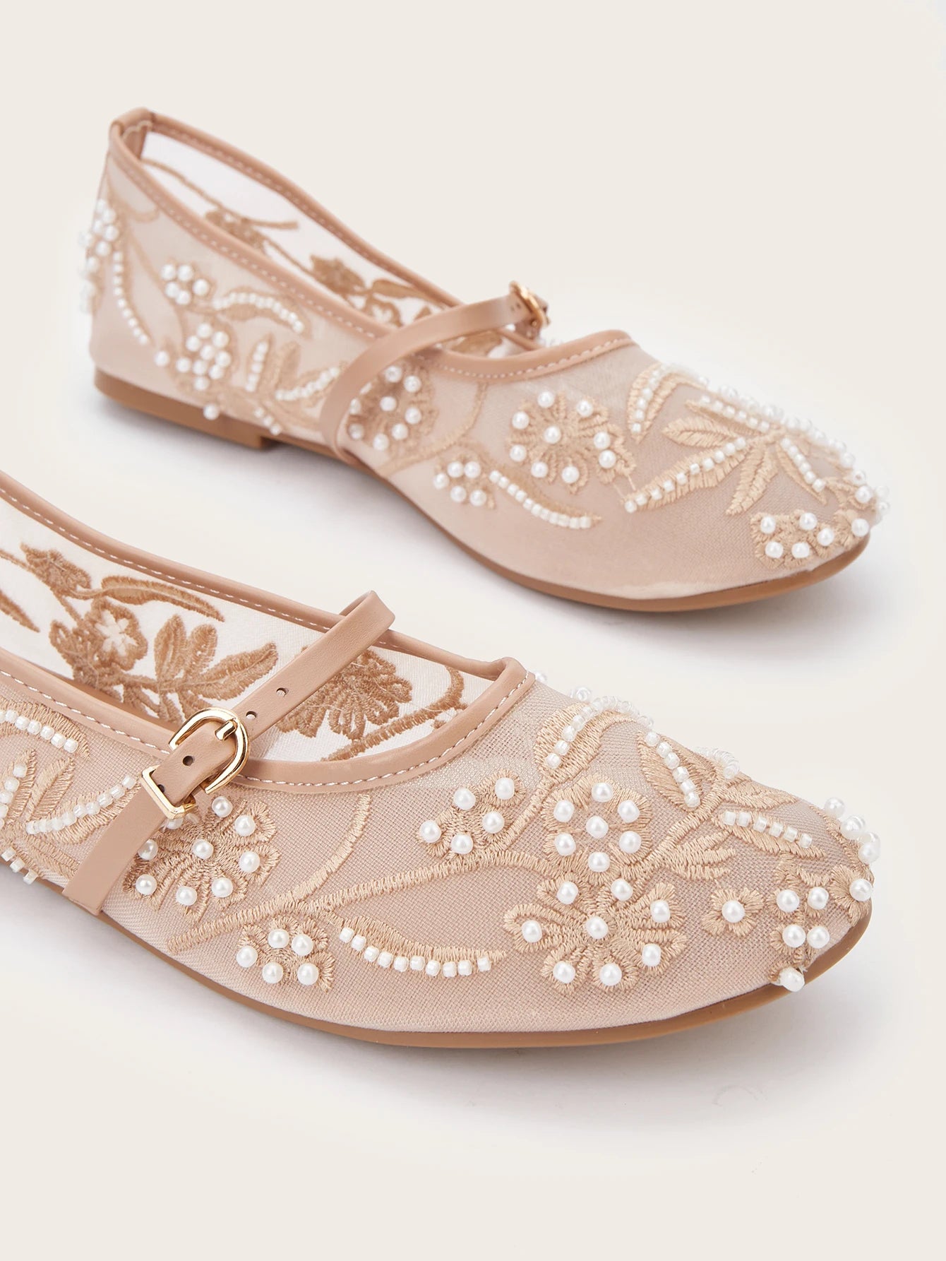 LBSFY -Embroidery String Bead Mesh Ballet Flats Women Fashion White Pearl Mary Jane Shoes Light Summer Flats Elegant Cozy Flat Sandals