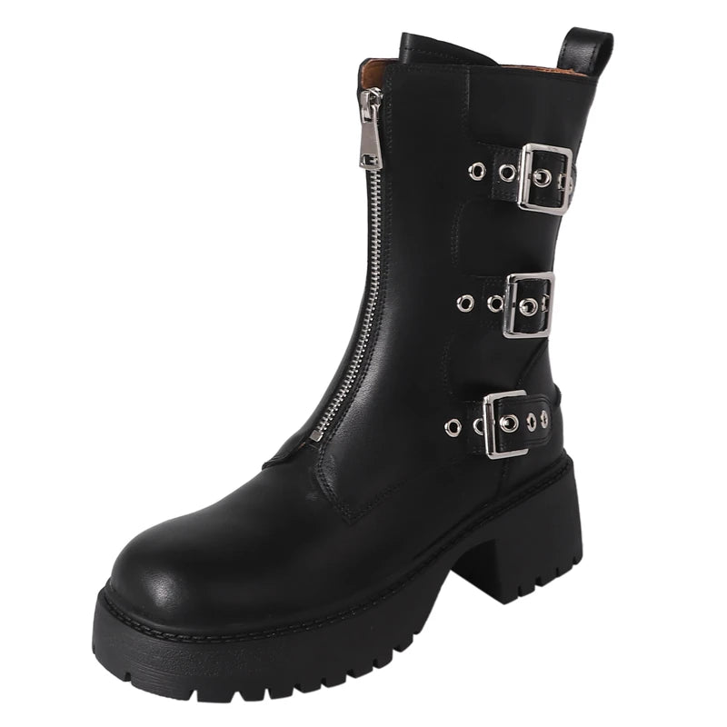 LBSFY  -  2025 New Women's Ankle Boots Buckle Zipper Square High Heels Motorcycle Boots Handmade Autumn Winter Ladies Shoes